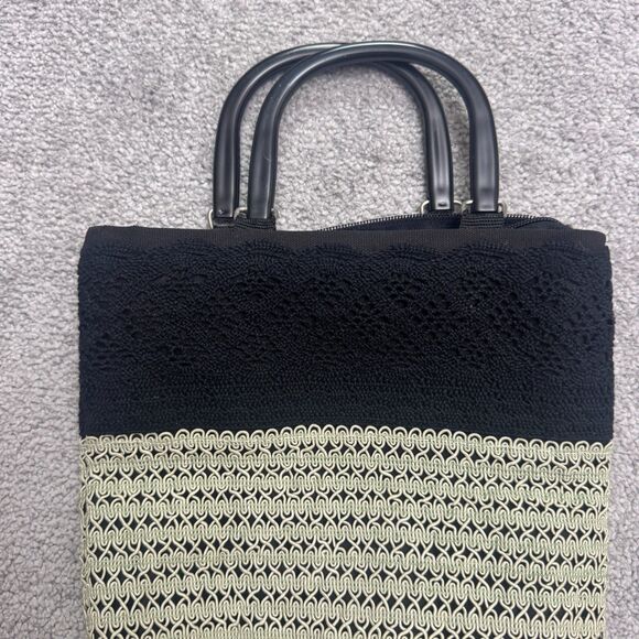Unbranded Crochet Woven Top Handle Tote Bag Womens Black Beige Color Block Boho - Picture 3 of 8